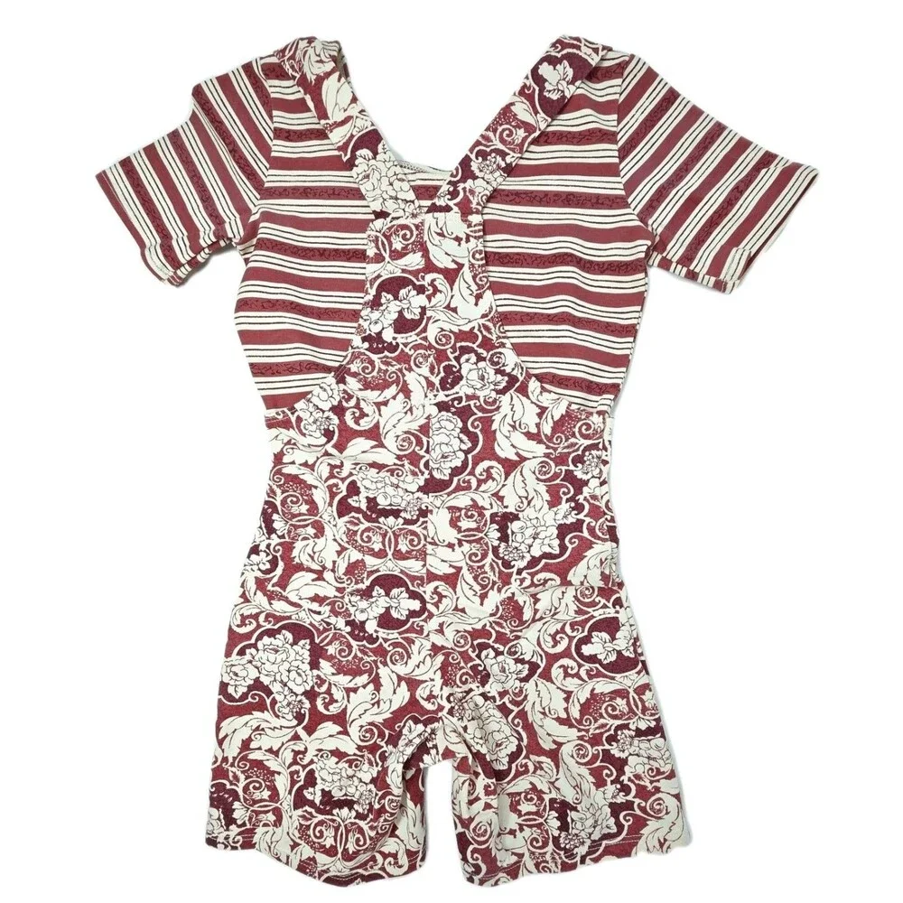 Gilda Marx Y2K 90s Floral Damask Cotton Shortall Biketard Cream Mauve Girls Size